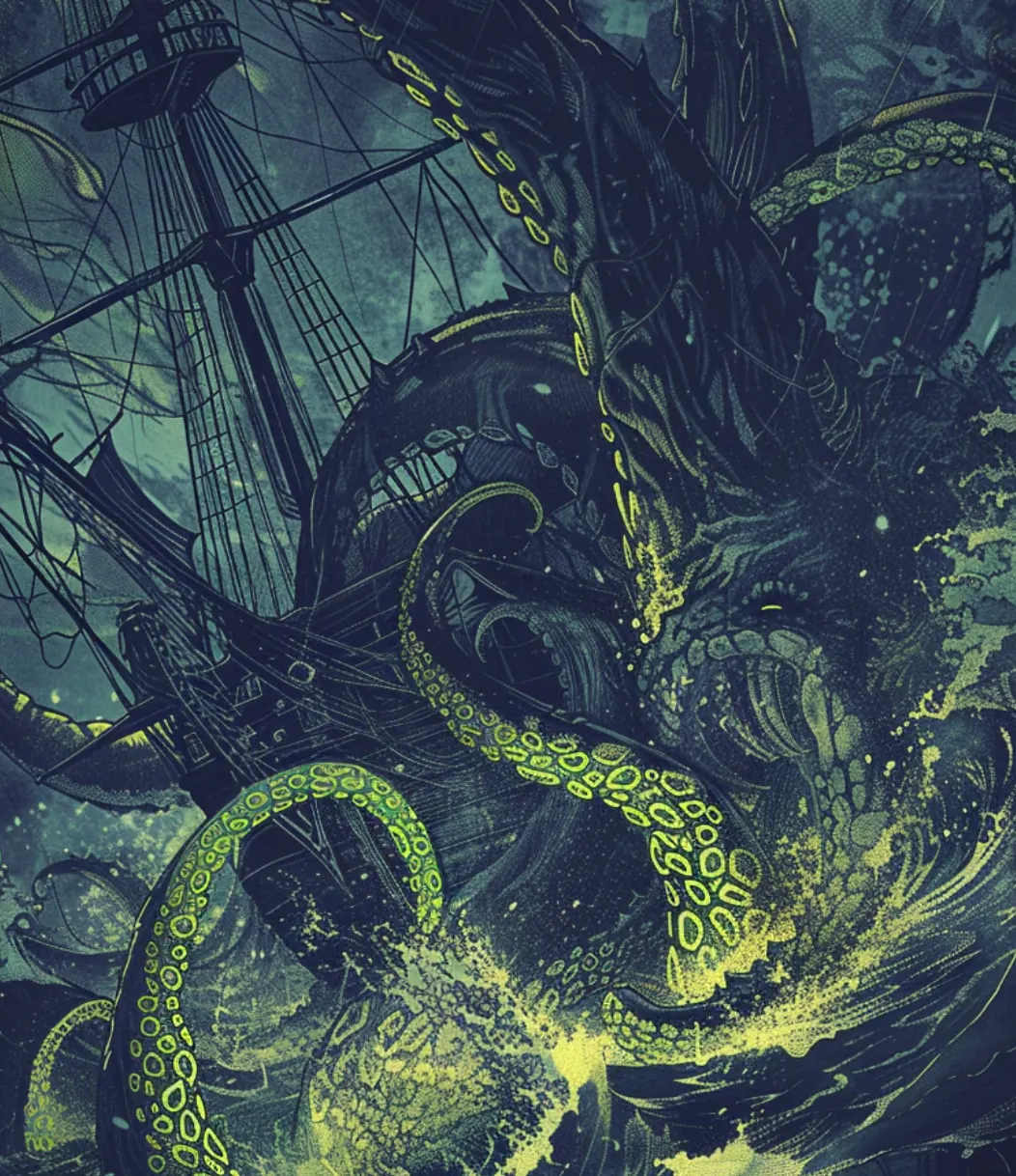 Un vaixell atrapat per tentacles enmig de la tempesta.