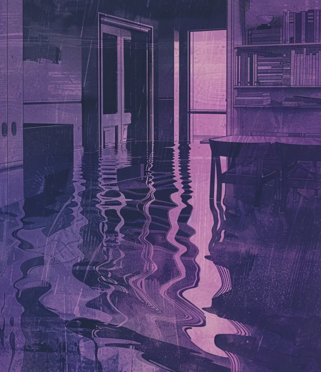 Una habitació inundada, amb l’aigua que reflecteix una llum lila.