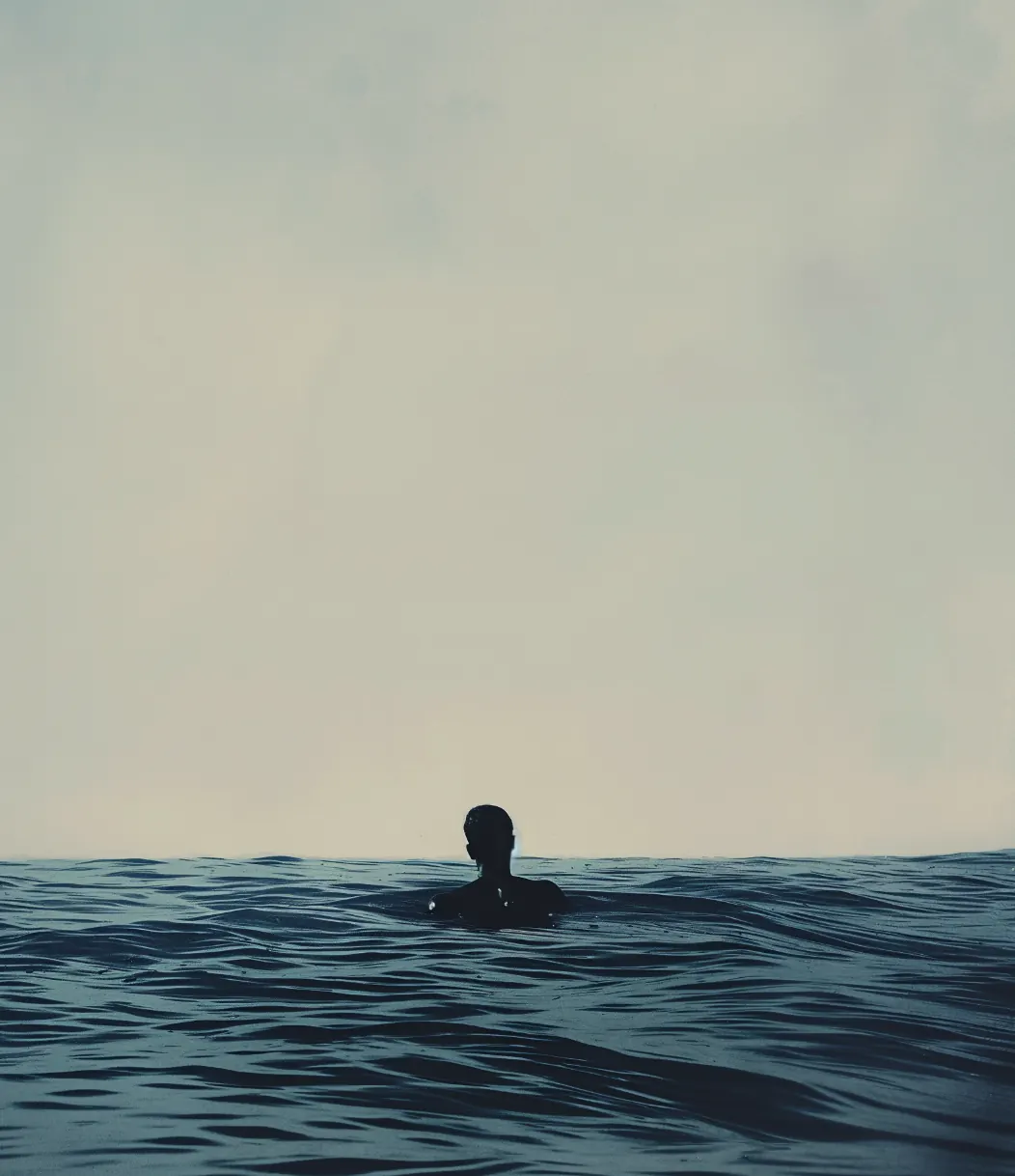 Una figura sola a la superfície d’un mar en calma.